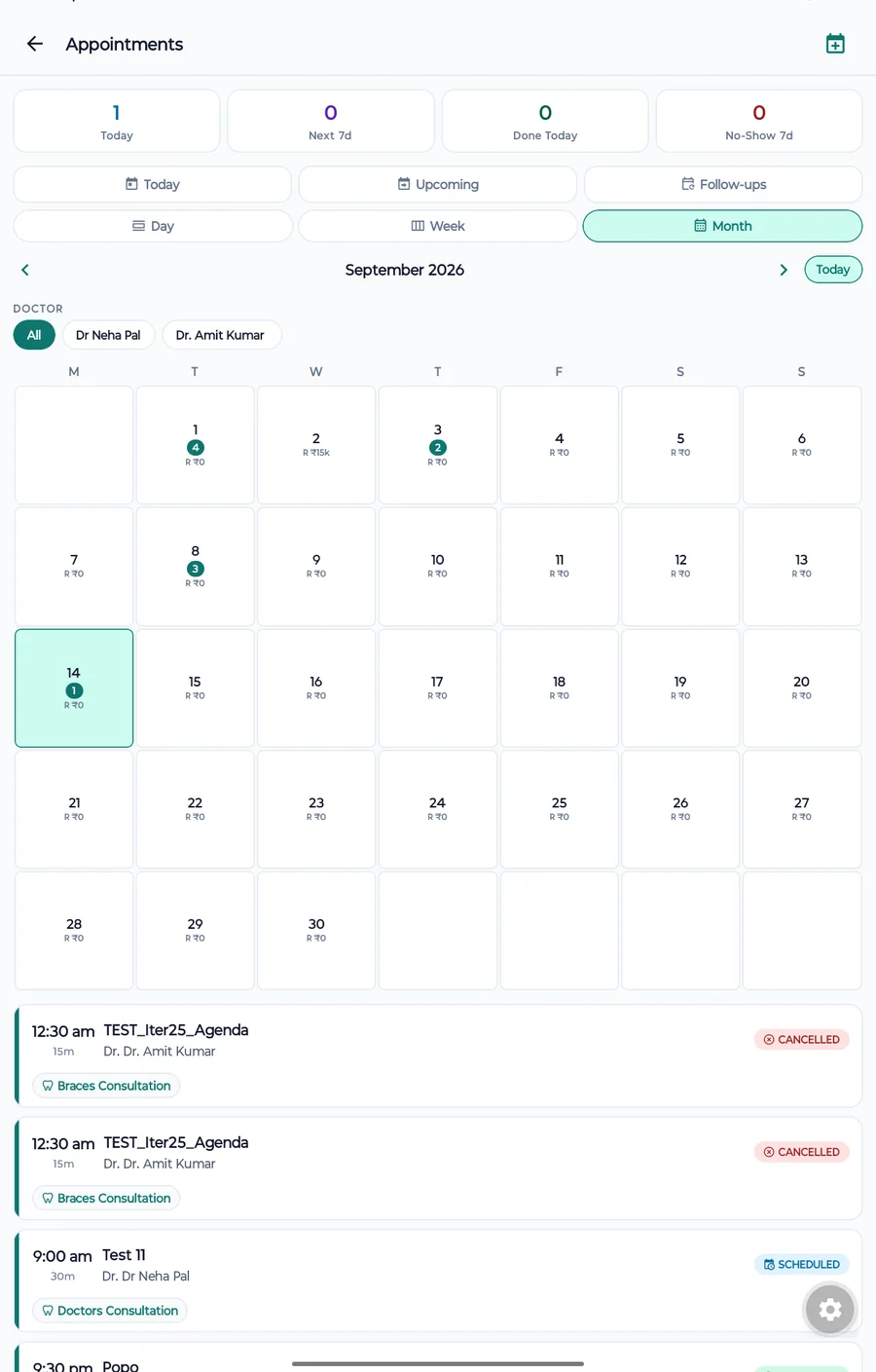 DENSA Appointments calendar in month view with doctor filters