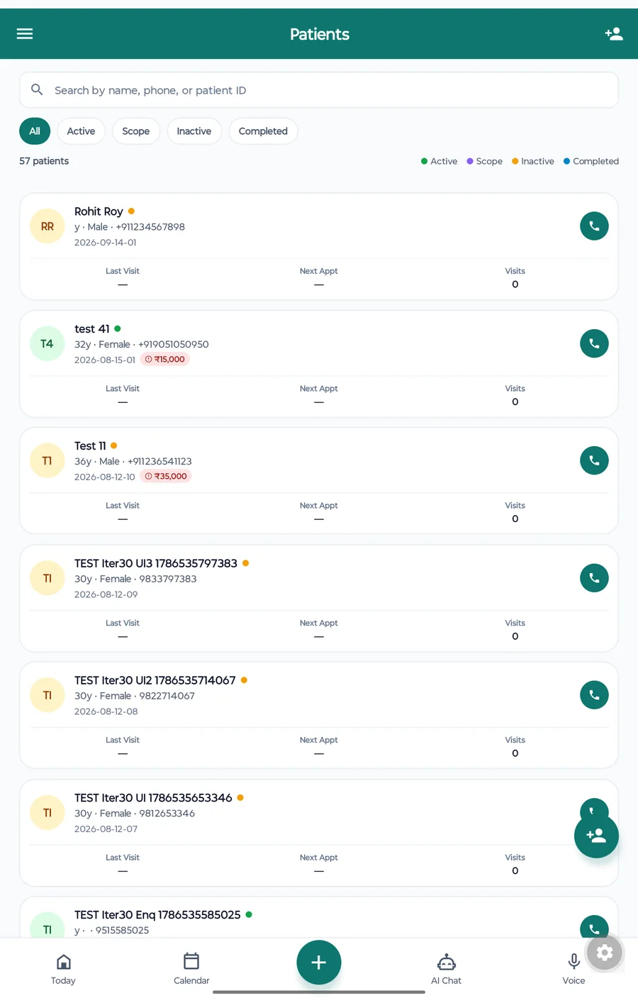 DENSA Patients screen with searchable patient list and quick-call actions