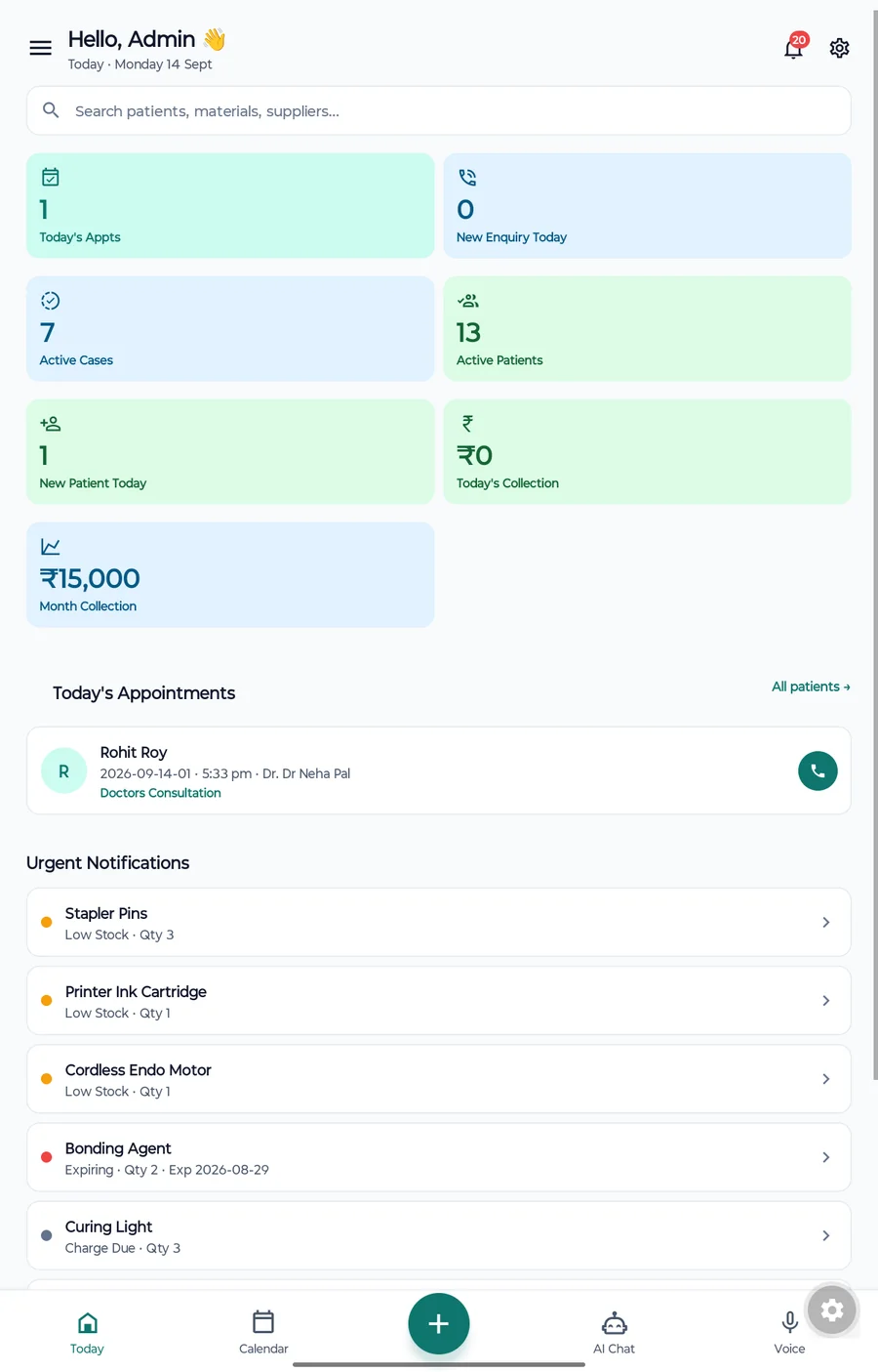 DENSA app Today screen — appointments, collections, patients and stock alerts at a glance
